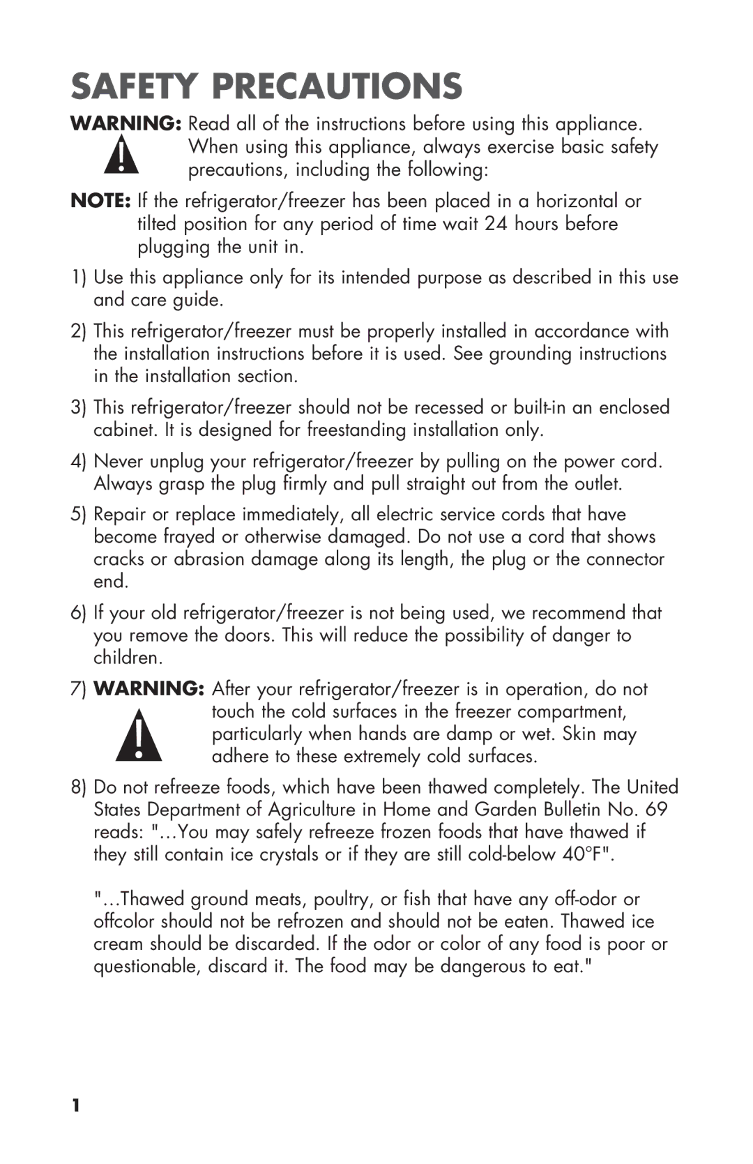 Igloo FR834B, FR832 user manual Safety Precautions 