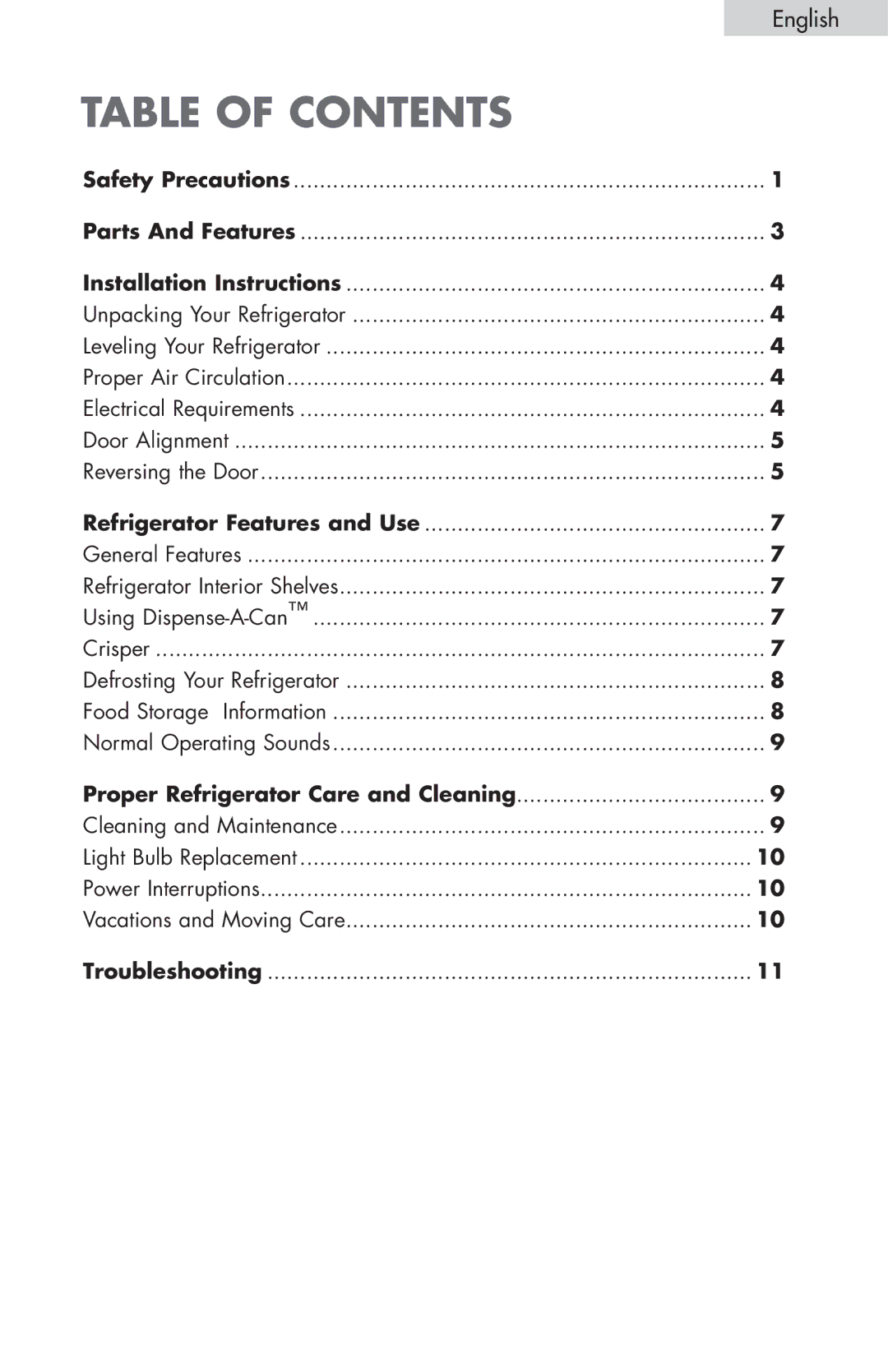 Igloo FR834B, FR832 user manual Table of contents 