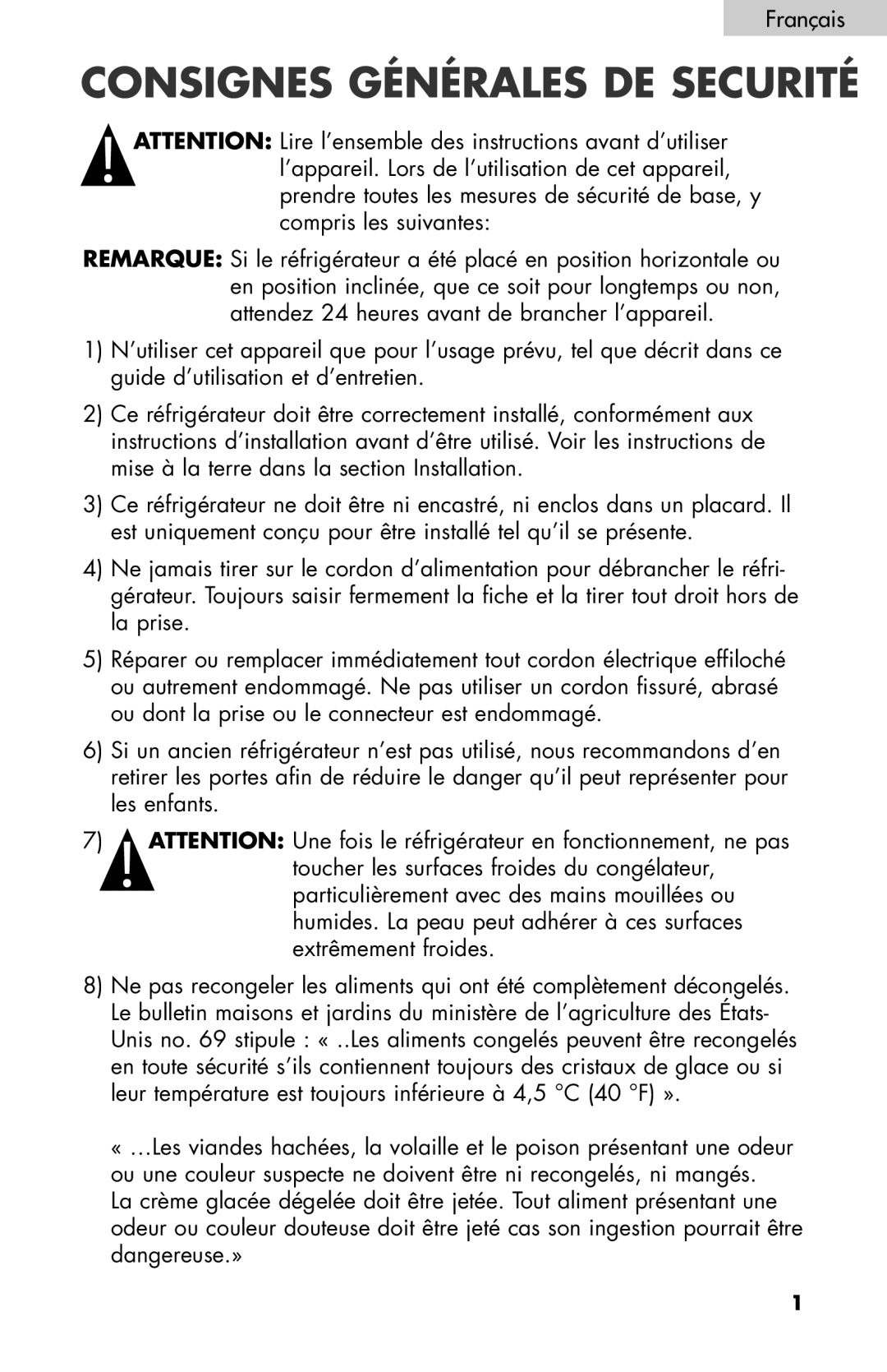 Igloo FR832, FR834B user manual Consignes Générales De Securité 