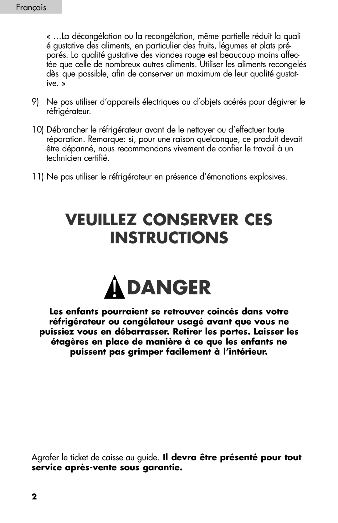 Igloo FR834B, FR832 user manual Veuillez Conserver Ces Instructions, Danger 