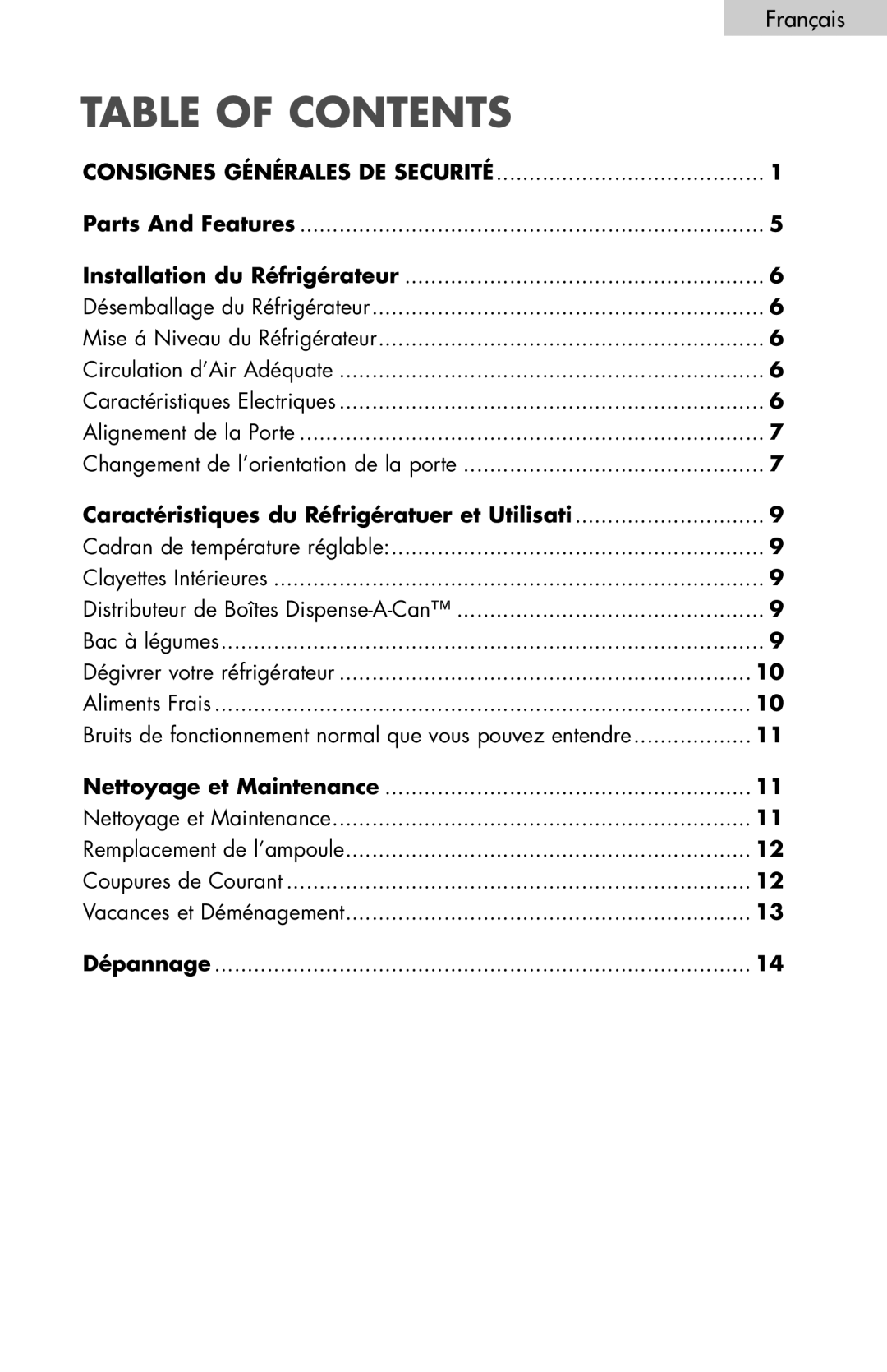 Igloo FR832, FR834B user manual Français, table of contents 