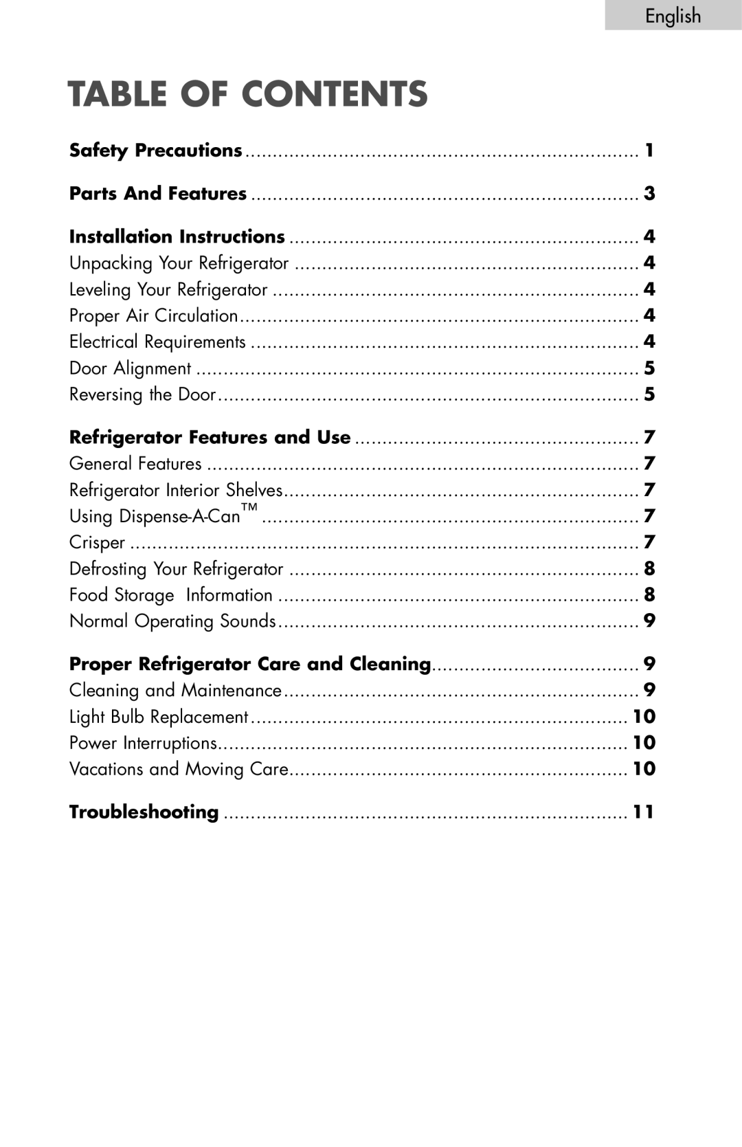 Igloo FR834B, FR832 user manual table of contents, English 