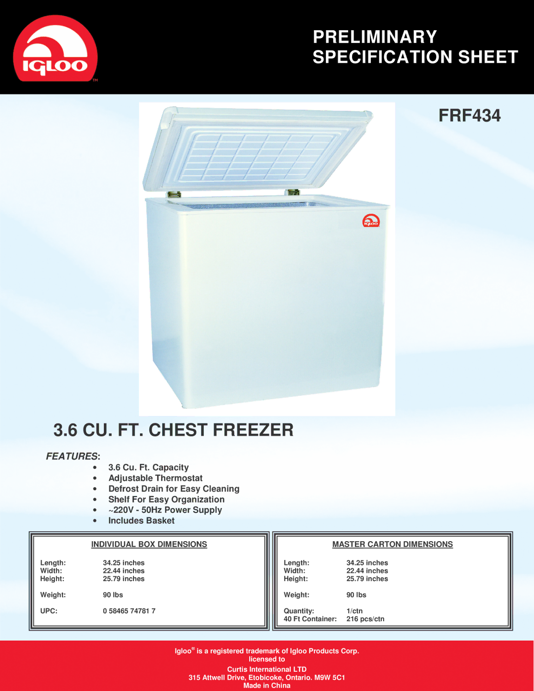 Igloo FRF434 specifications Preliminary Specification Sheet, CU. FT. Chest Freezer, Features, Upc 