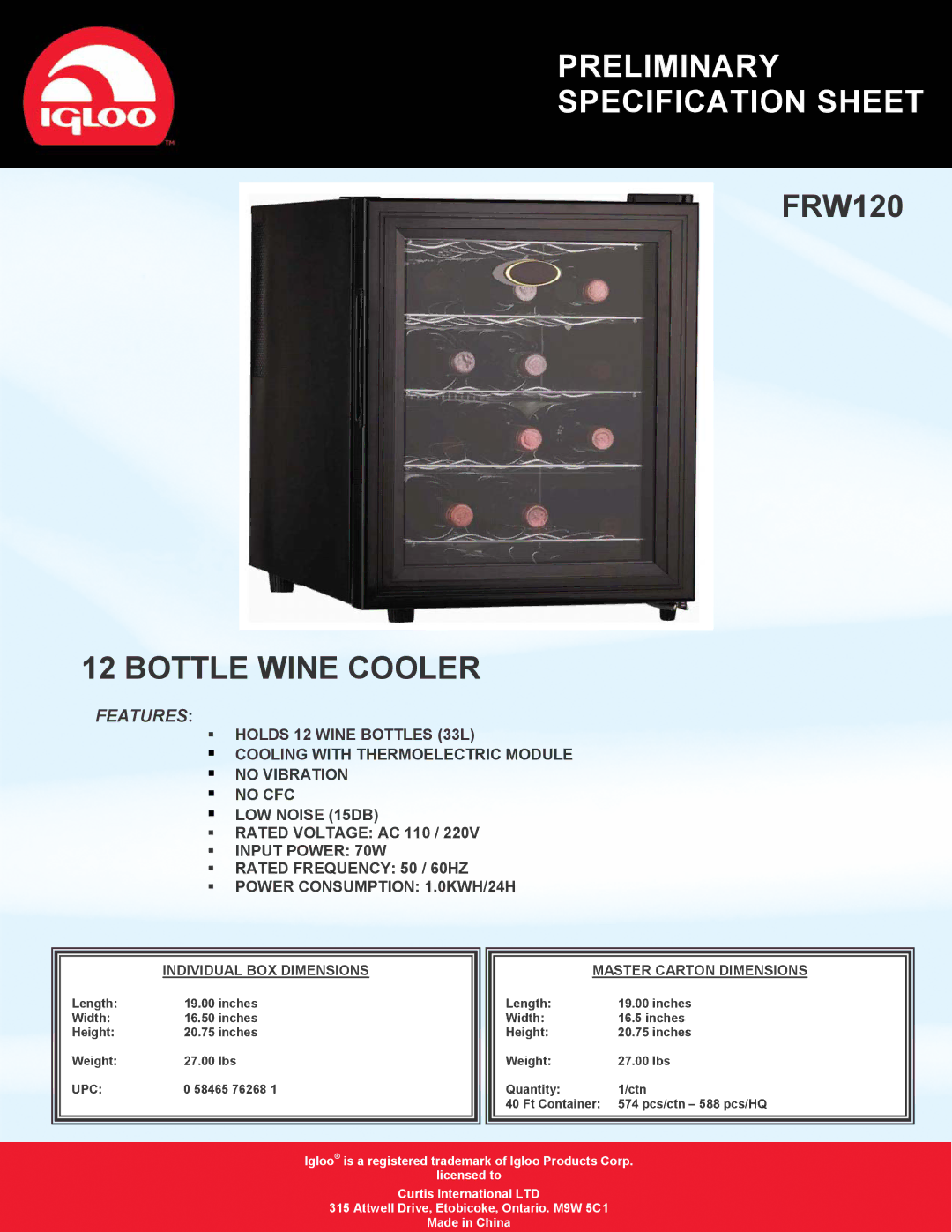 Igloo FRW120 specifications Preliminary Specification Sheet, Bottle Wine Cooler, Features, Upc 