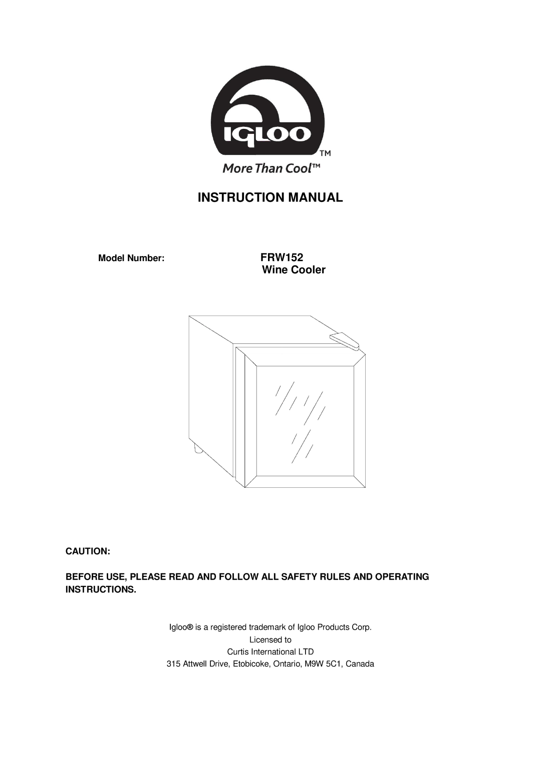 Igloo FRW152 instruction manual Wine Cooler, Model Number 