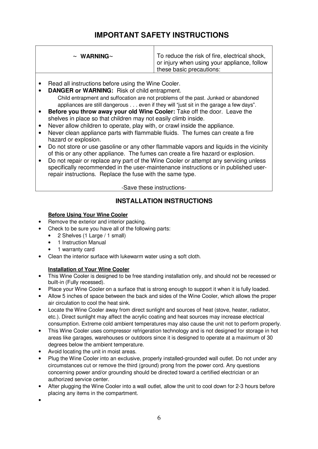 Igloo FRW152 instruction manual Installation Instructions, Before Using Your Wine Cooler, Installation of Your Wine Cooler 