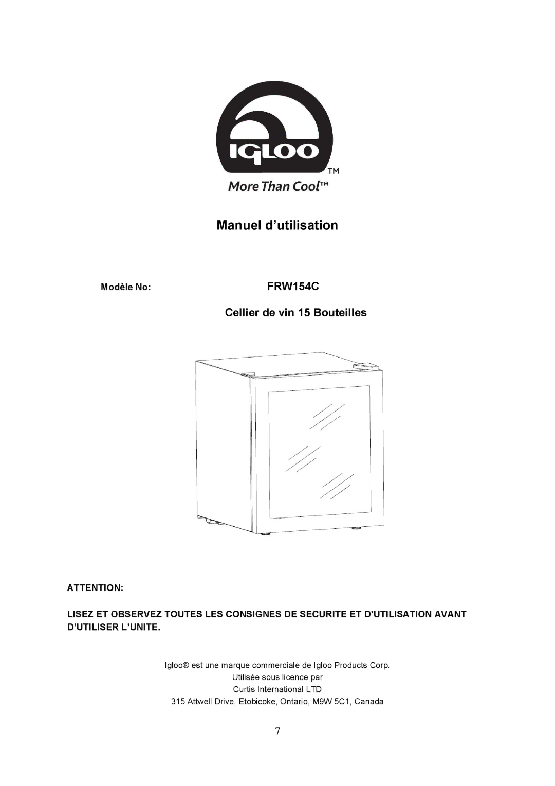 Igloo FRW154C instruction manual Manuel d’utilisation, Modèle No 