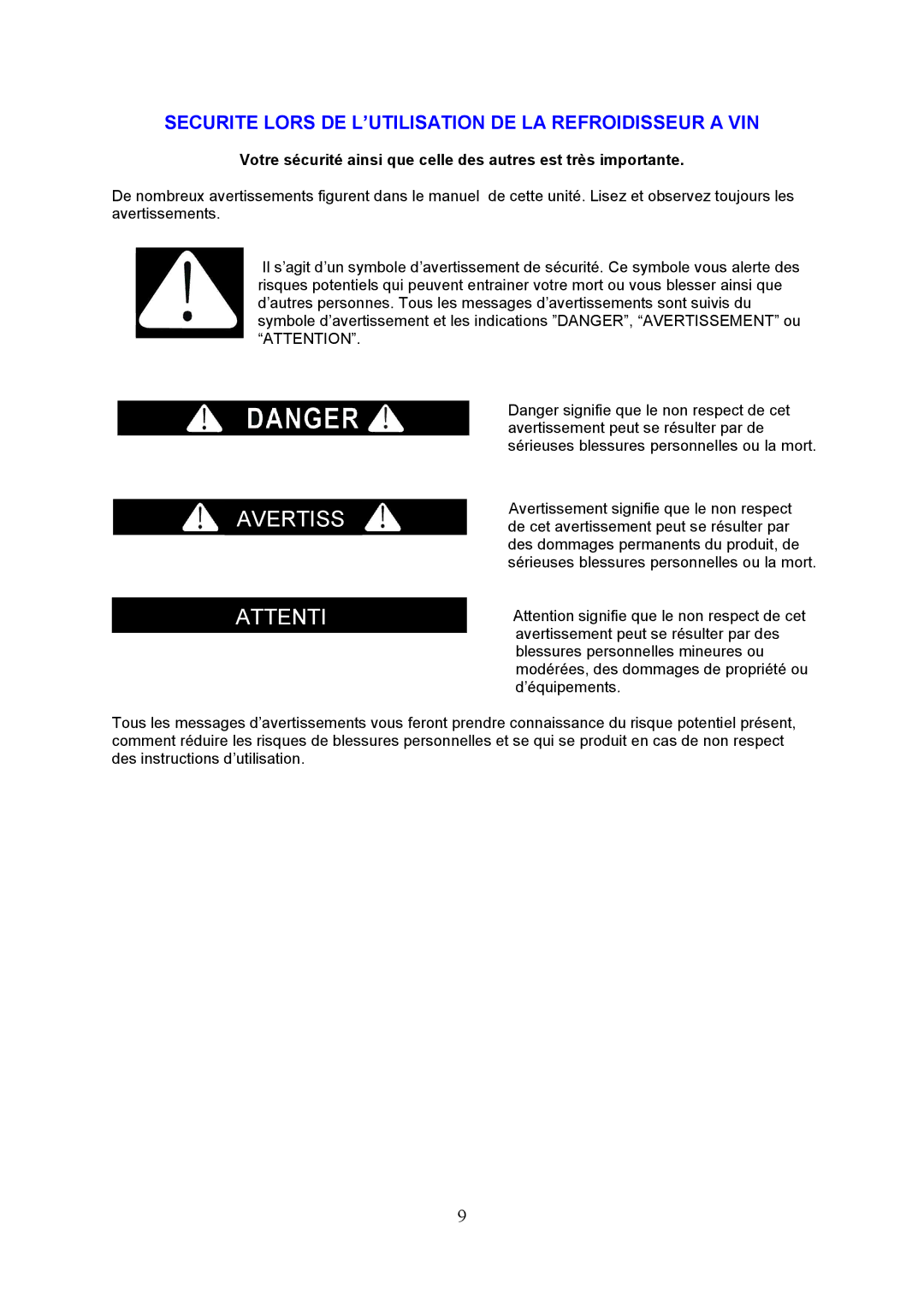 Igloo FRW154C instruction manual Avertiss Attenti, Securite Lors DE L’UTILISATION DE LA Refroidisseur a VIN 