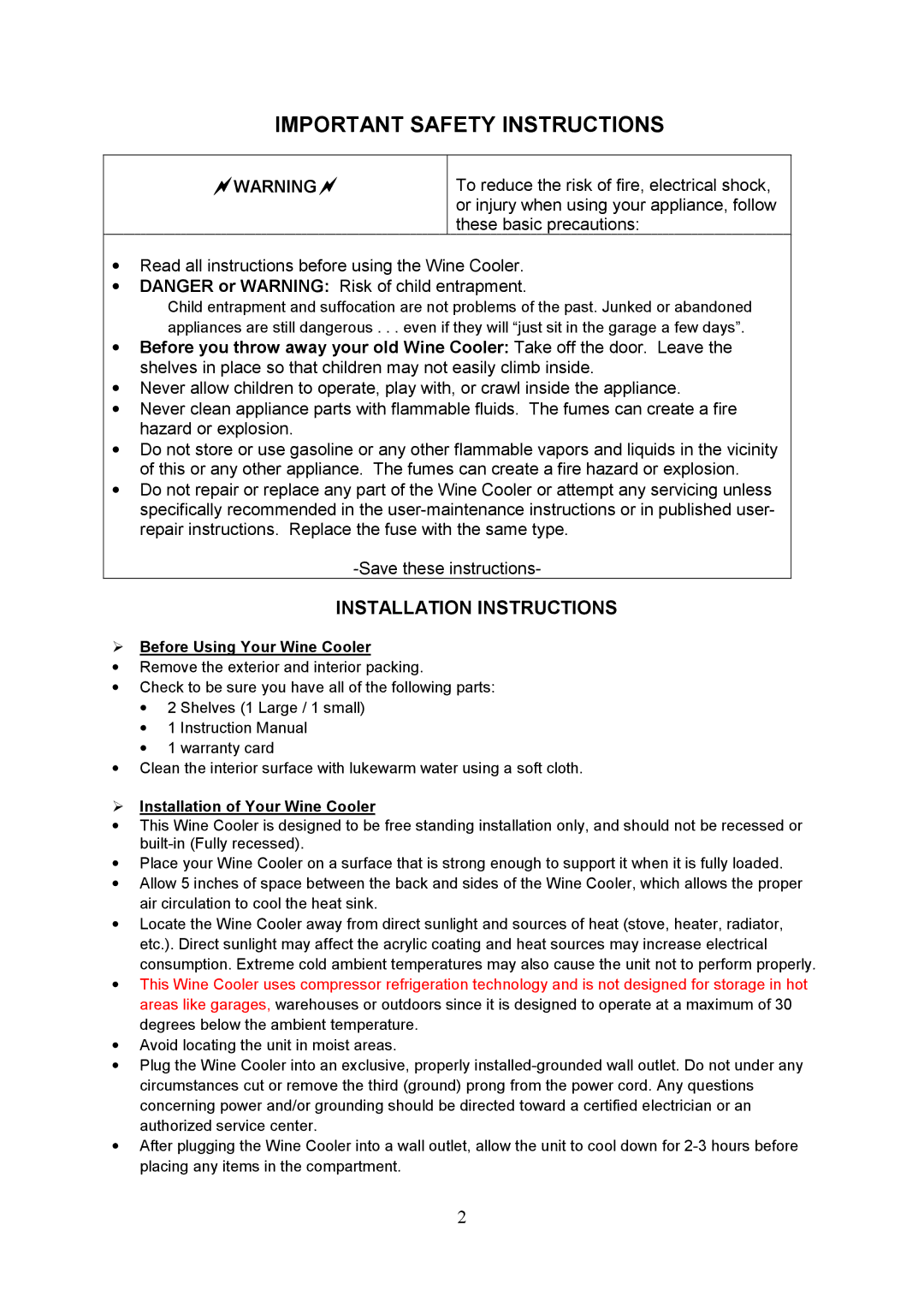 Igloo FRW154C instruction manual Before Using Your Wine Cooler, Installation of Your Wine Cooler 