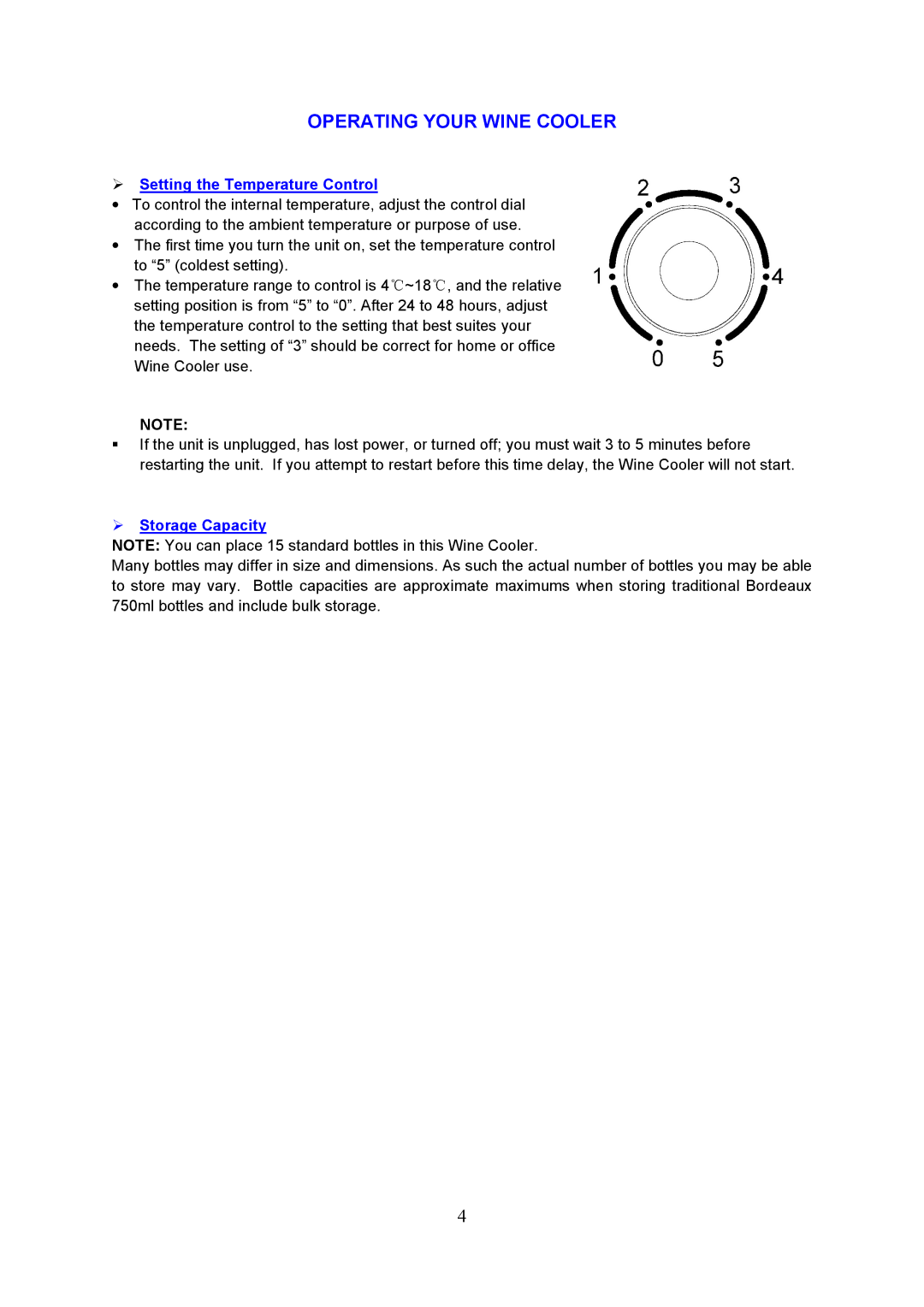 Igloo FRW154C instruction manual Operating Your Wine Cooler, Setting the Temperature Control, Storage Capacity 