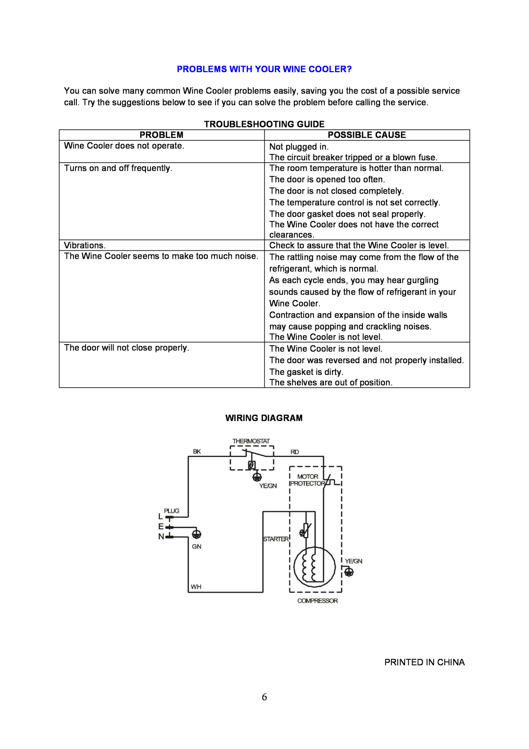 Igloo FRW154C instruction manual Problems With Your Wine Cooler?, Troubleshooting Guide, Possible Cause, Wiring Diagram 
