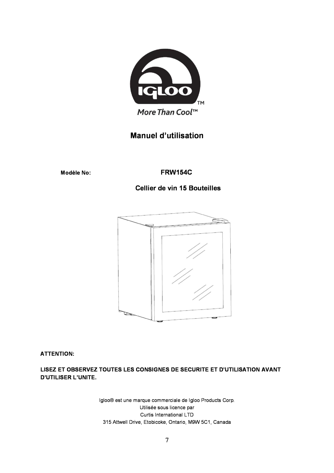 Igloo FRW154C instruction manual Manuel d’utilisation, Cellier de vin 15 Bouteilles, Modèle No 