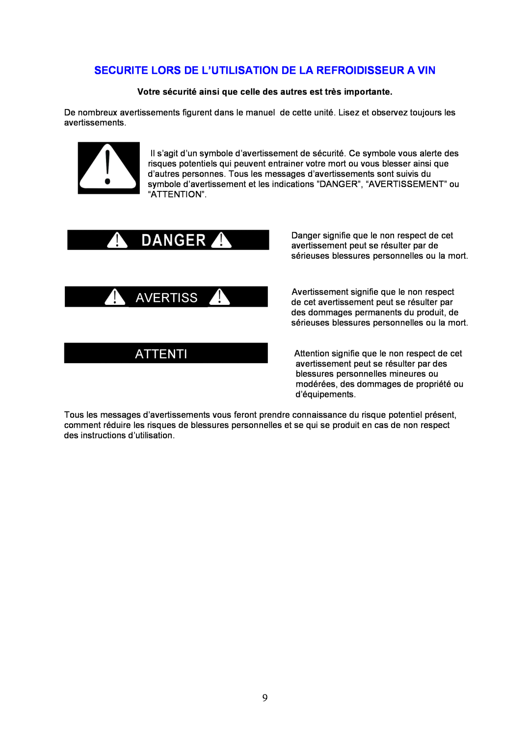 Igloo FRW154C instruction manual Avertiss Attenti 