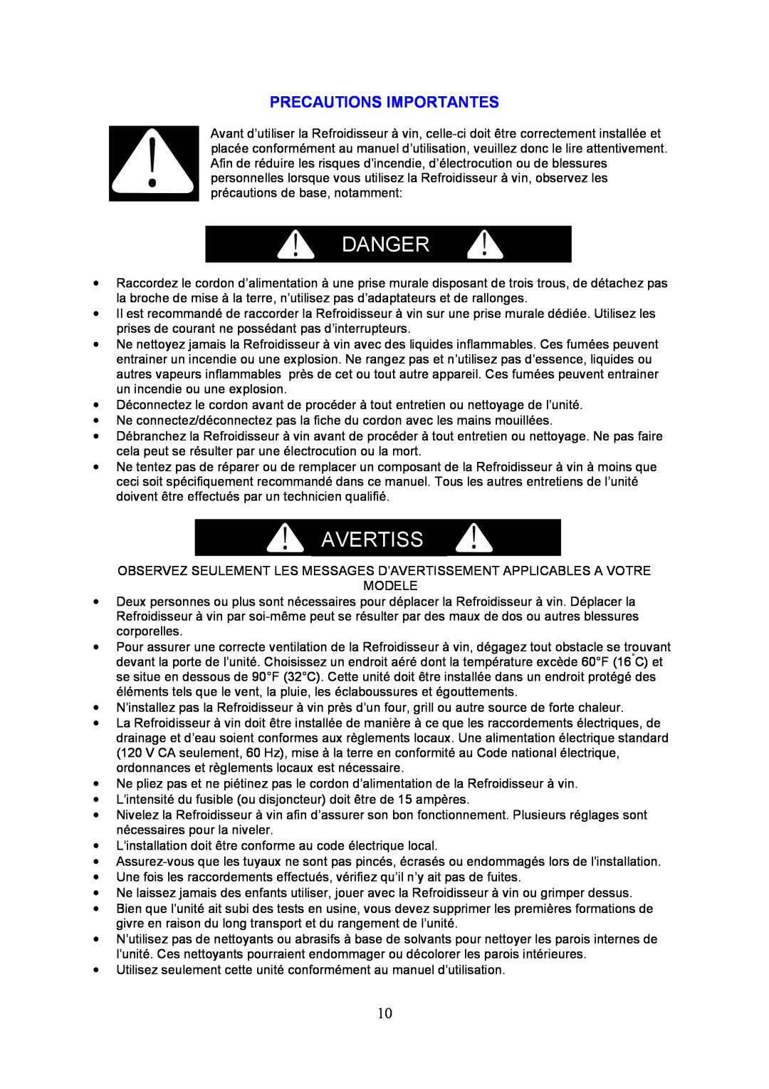 Igloo FRW154C instruction manual Precautions Importantes, Danger, Avertiss 