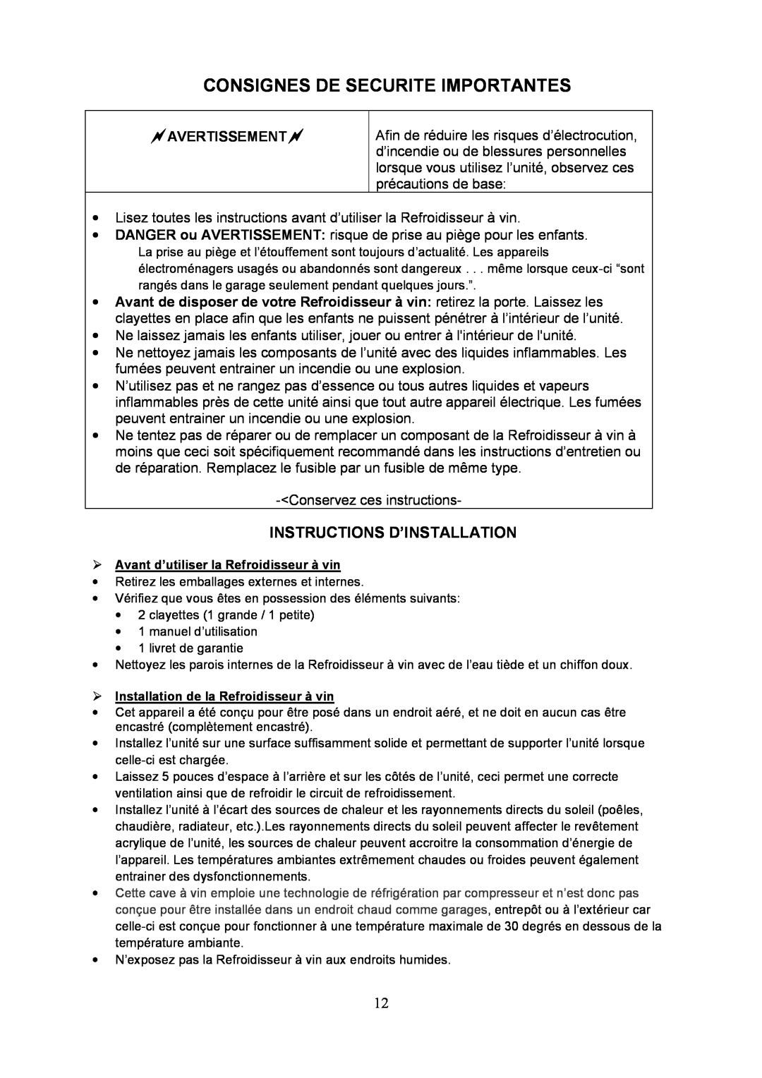 Igloo FRW154C instruction manual Consignes De Securite Importantes, Instructions D’Installation, Avertissement 