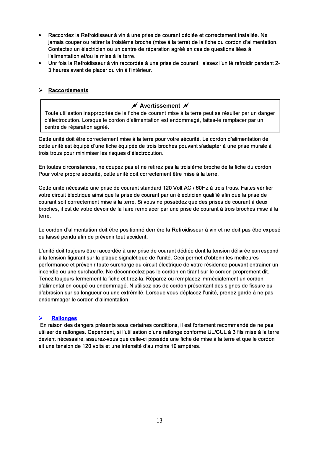 Igloo FRW154C instruction manual Avertissement, Raccordements, Rallonges 