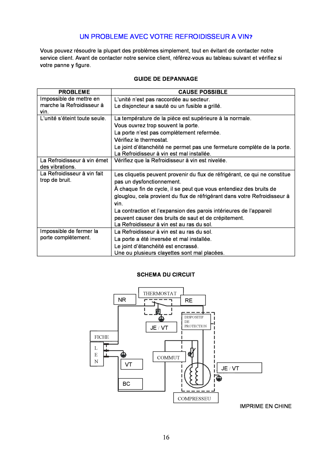 Igloo FRW154C Un Probleme Avec Votre Refroidisseur A Vin?, Guide De Depannage, Cause Possible, Schema Du Circuit 