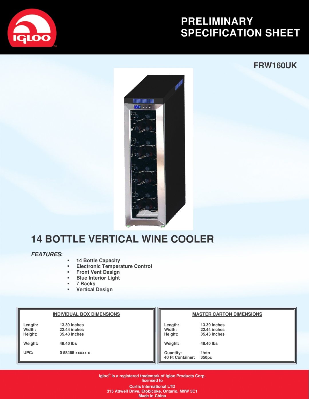 Igloo FRW160UK specifications Preliminary Specification Sheet, Bottle Vertical Wine Cooler, Features, Upc 