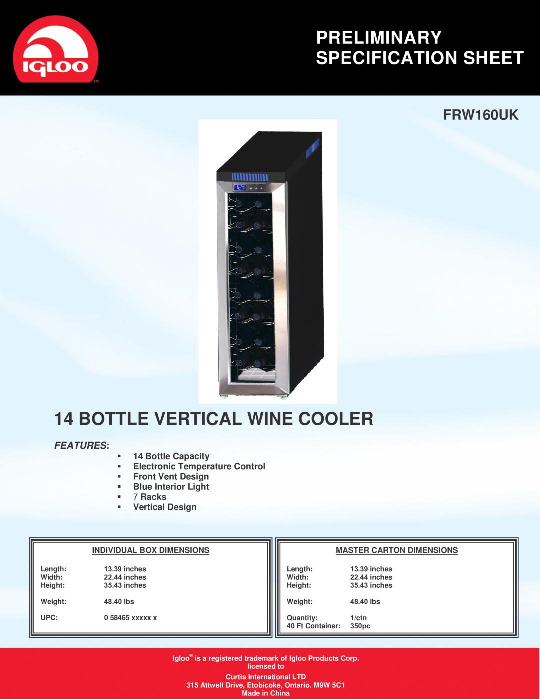 Igloo FRW160UK specifications Preliminary Specification Sheet, Bottle Vertical Wine Cooler, Features, Vertical Design 