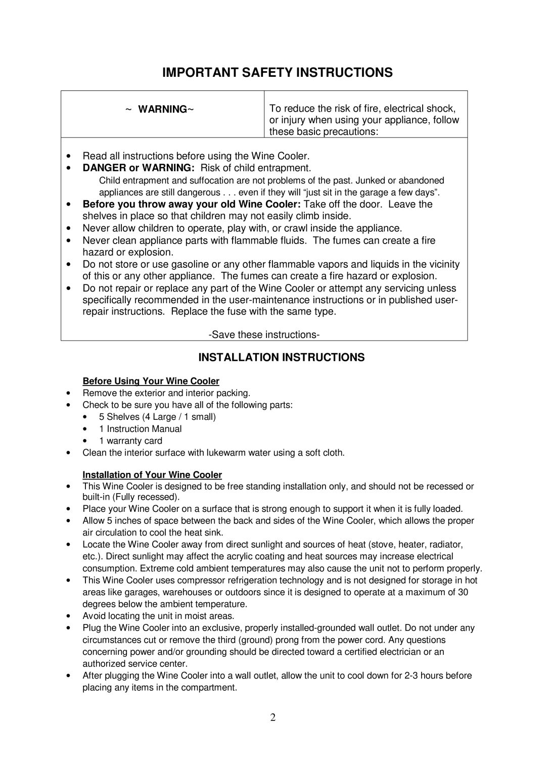 Igloo FRW197 instruction manual Installation Instructions, Before Using Your Wine Cooler, Installation of Your Wine Cooler 