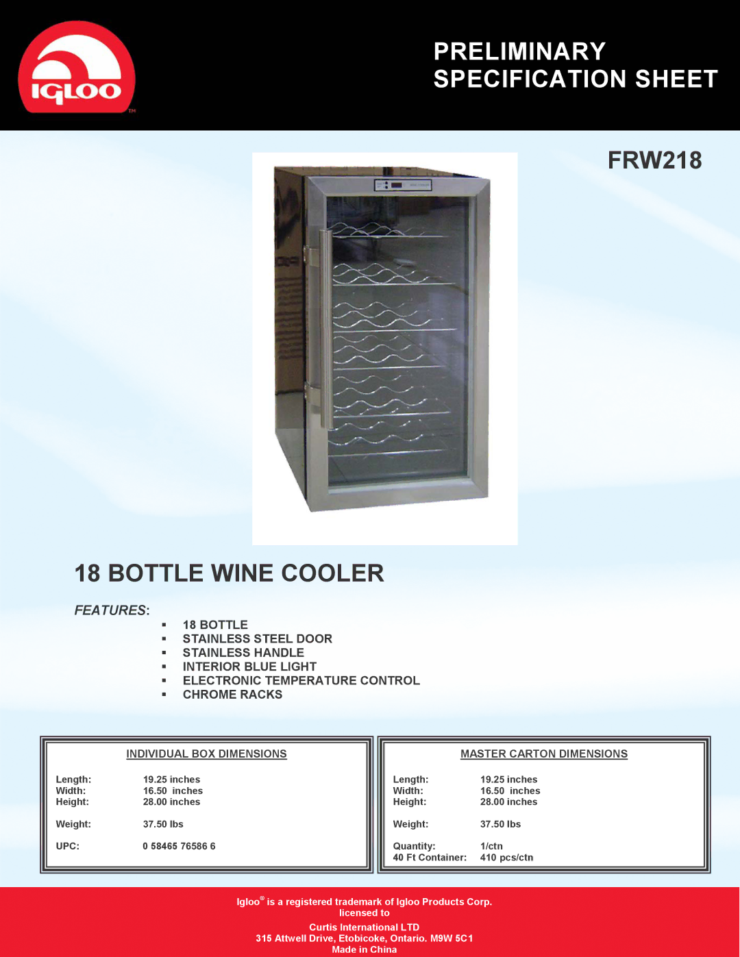 Igloo FRW218 specifications Preliminary Specification Sheet, Bottle Wine Cooler, Features, Upc 