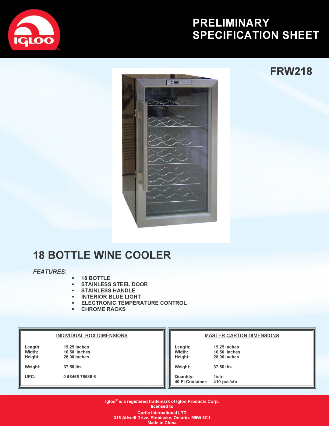 Igloo specifications Preliminary Specification Sheet, FRW218 18 BOTTLE WINE COOLER, Features, Individual Box Dimensions 