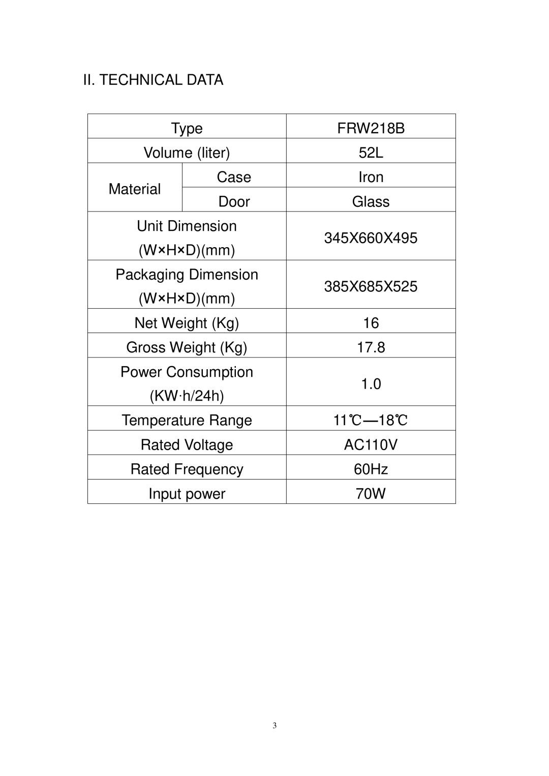 Igloo FRW218B operation manual II. Technical Data 