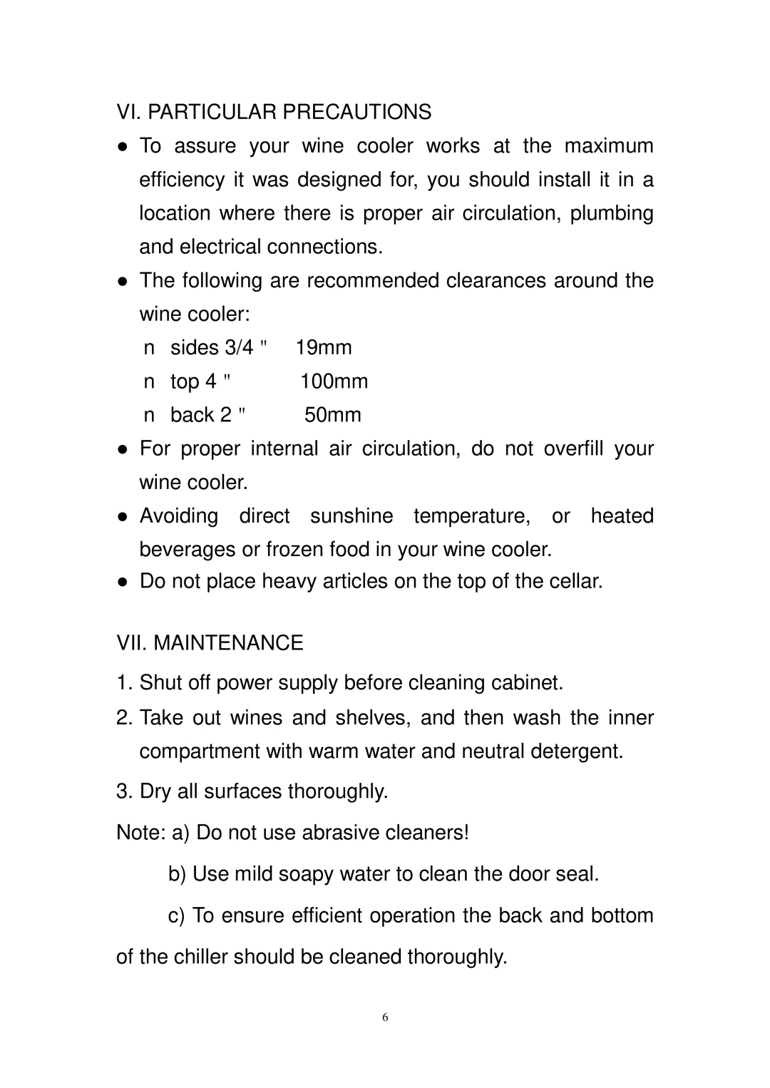 Igloo FRW218B operation manual VI. Particular Precautions, VII. Maintenance 