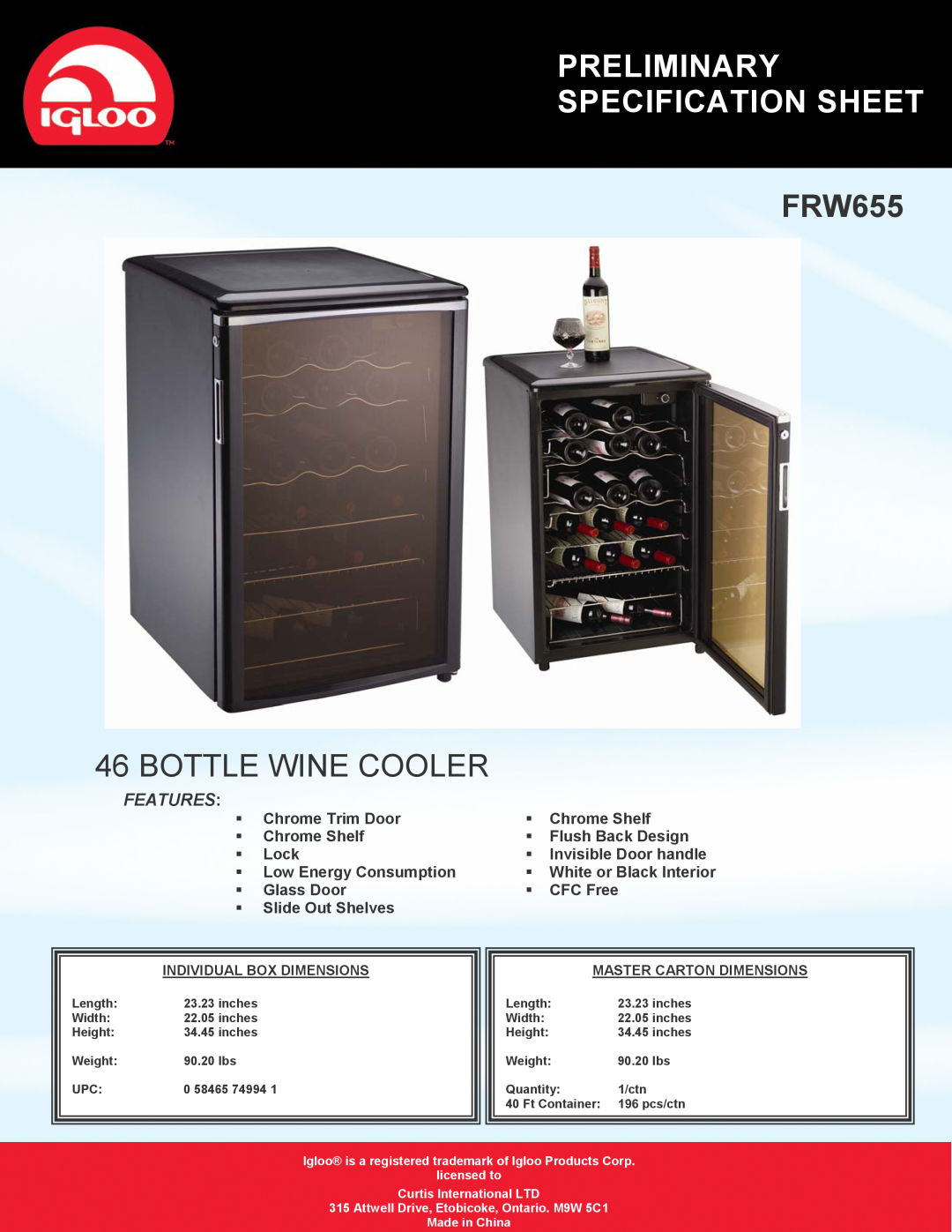 Igloo FRW655 specifications Preliminary Specification Sheet, Bottle Wine Cooler, Features 