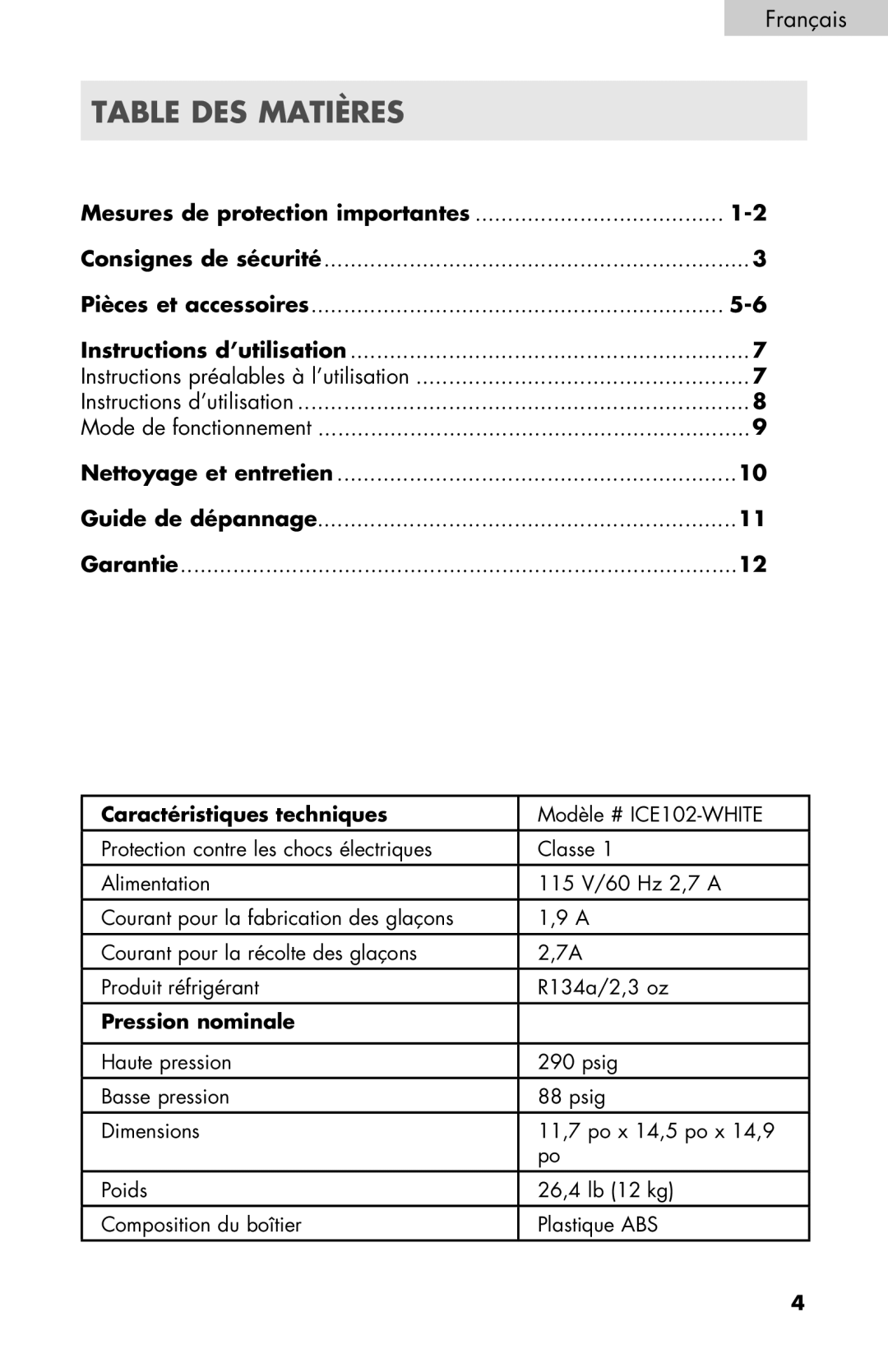 Igloo ICE102-WHITE manual Table Des Matières, Français, Mesures de protection importantes 