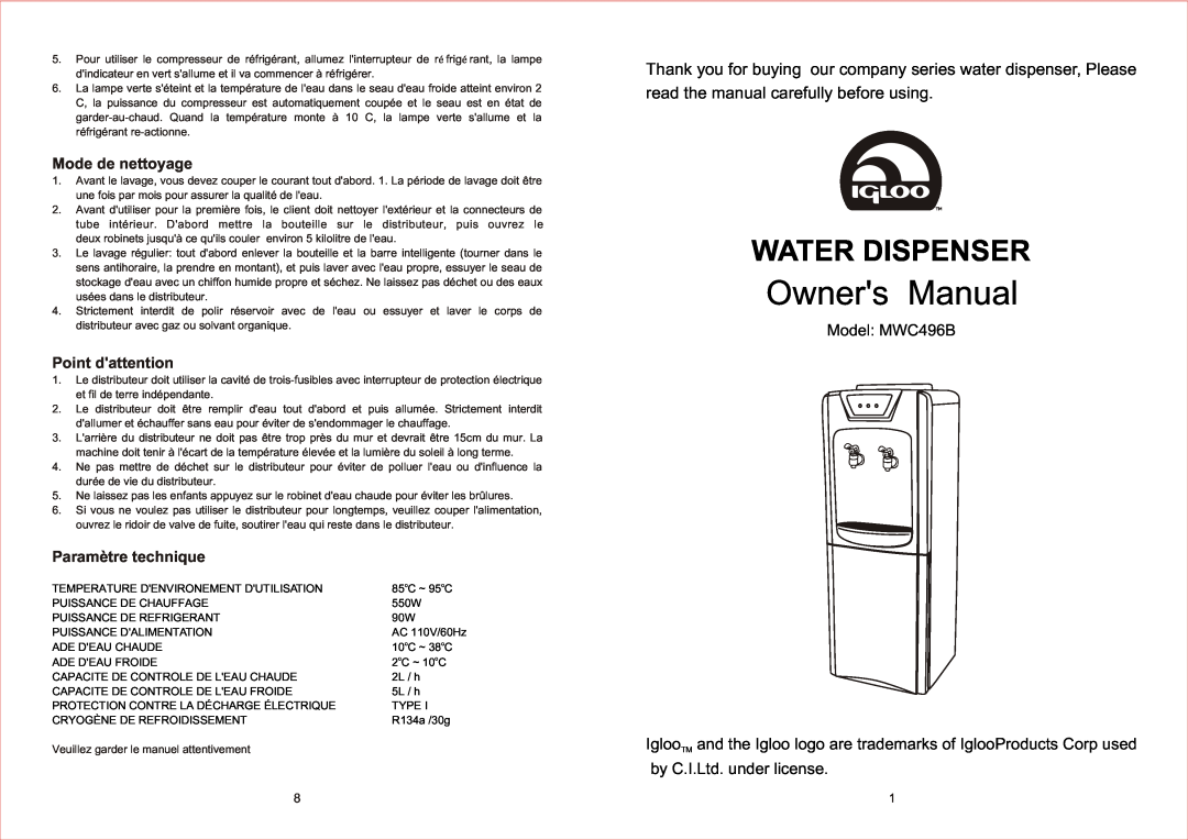 Igloo owner manual Water Dispenser, Thank you for buying our company series water dispenser, Please, Model MWC496B 