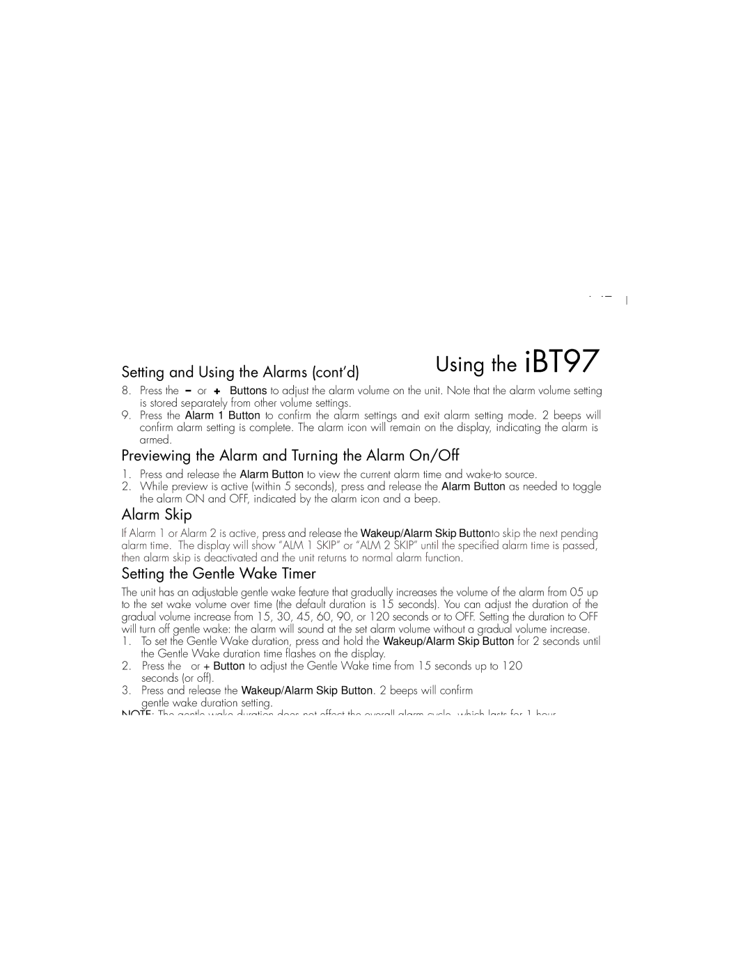 iHome 97 Setting and Using the Alarms cont’d, Previewing the Alarm and Turning the Alarm On/Off, Alarm Skip 