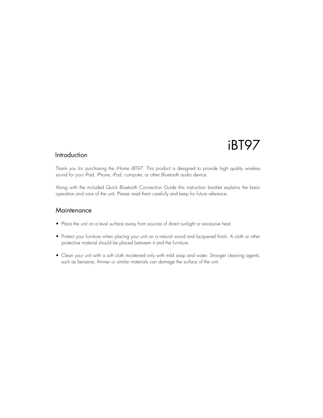 iHome 97 instruction manual Introduction, Maintenance 