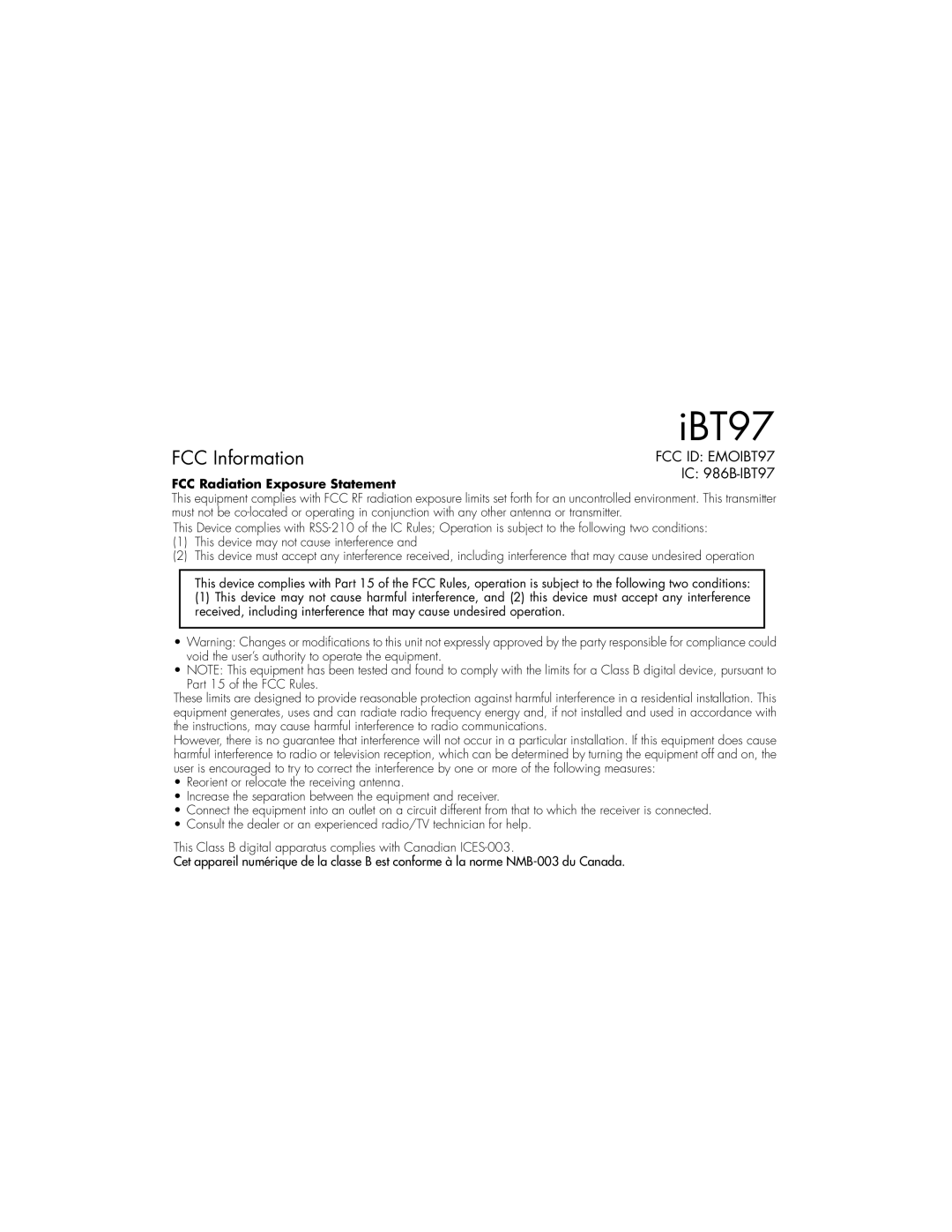 iHome 97 instruction manual FCC Information, FCC Radiation Exposure Statement 