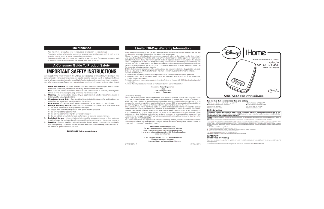 iHome DF-M12, DK-M12, DM-M12 warranty Maintenance, Consumer Guide To Product Safety, Limited 90-Day Warranty Information 