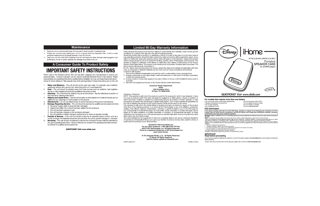 iHome DF-M12, DK-M12, DM-M12 warranty Maintenance, A Consumer Guide To Product Safety, Limited 90-Day Warranty Information 