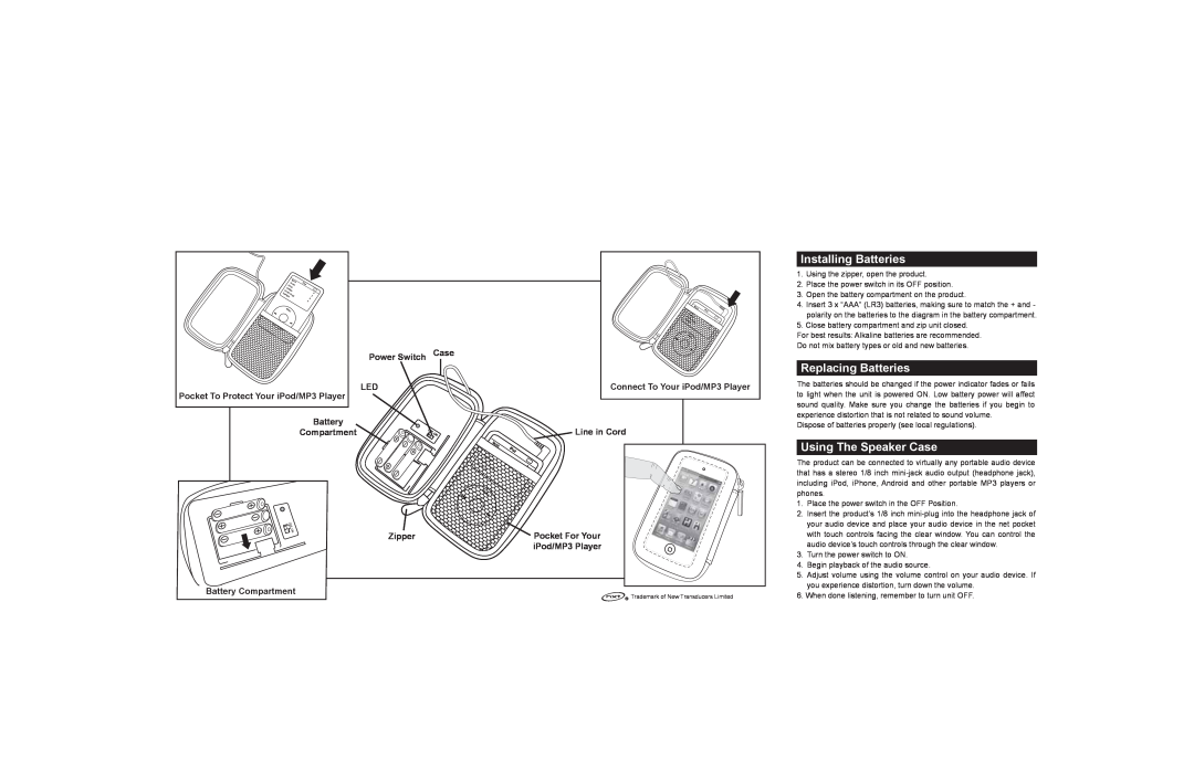 iHome DM-M12, DK-M12, DF-M12, DJ-M12 warranty Installing Batteries, Replacing Batteries, Using The Speaker Case 
