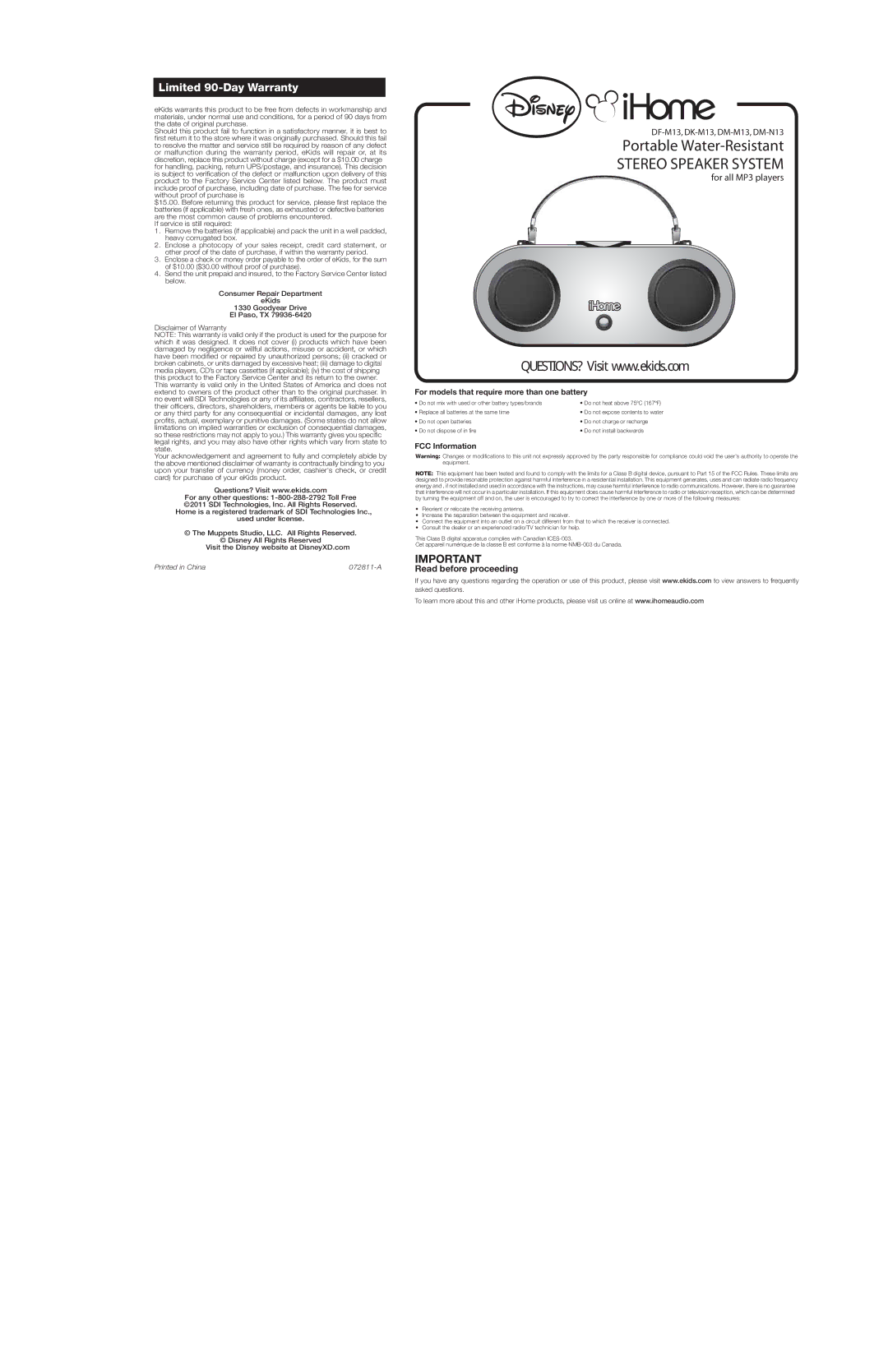 iHome DFM13, DMM13 warranty Limited 90-Day Warranty, For models that require more than one battery, FCC Information 