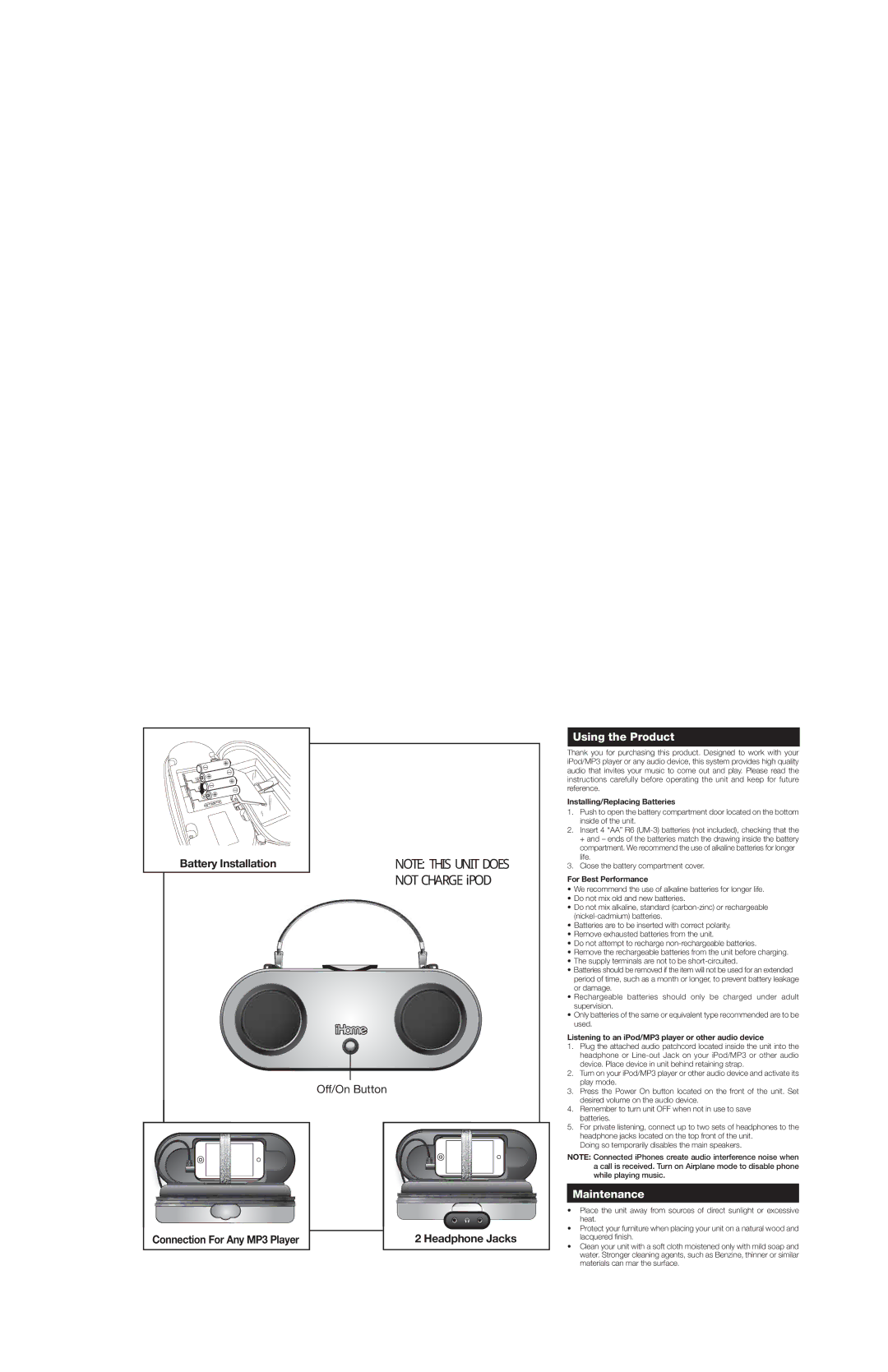 iHome DMM13, DKM13 and DFM13 - Front Using the Product, Maintenance, Installing/Replacing Batteries, For Best Performance 