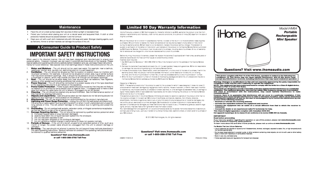 iHome warranty Maintenance, A Consumer Guide to Product Safety, Limited 90 Day Warranty Information, Model iHM64 
