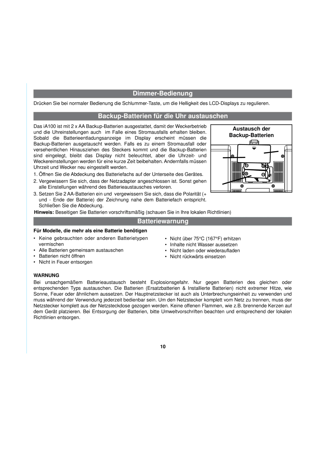 iHome iA100 manual Dimmer-Bedienung, Backup-Batterien für die Uhr austauschen, Batteriewarnung 