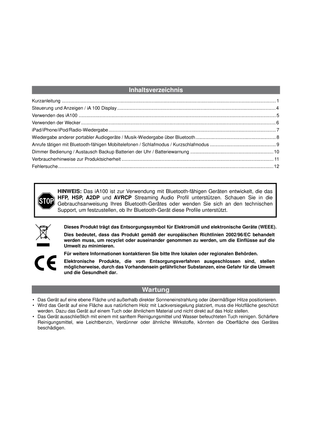 iHome iA100 manual Inhaltsverzeichnis, Wartung 