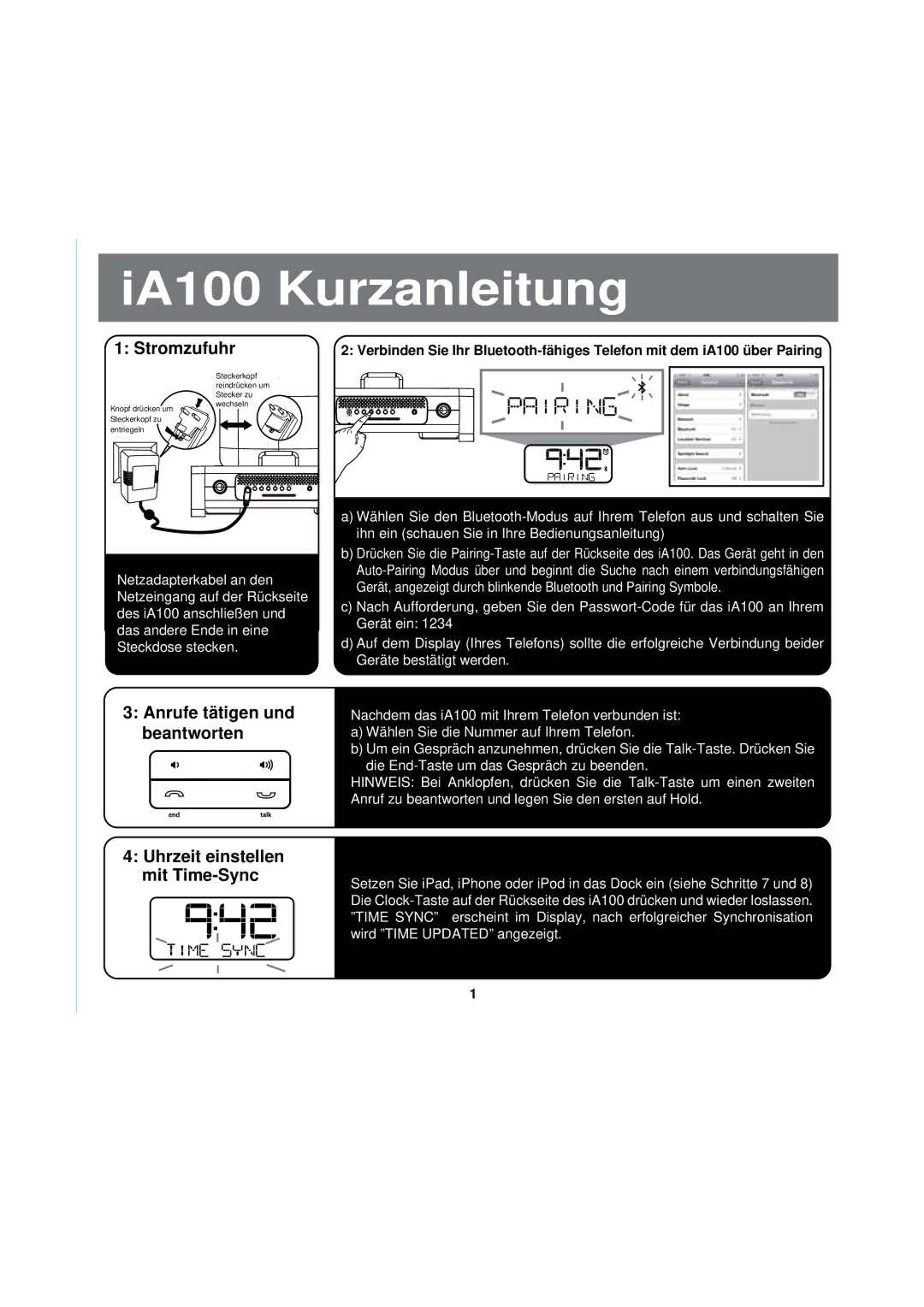 iHome iA100 manual Stromzufuhr, Anrufe tätigen und beantworten, Uhrzeit einstellen mit Time-Sync 