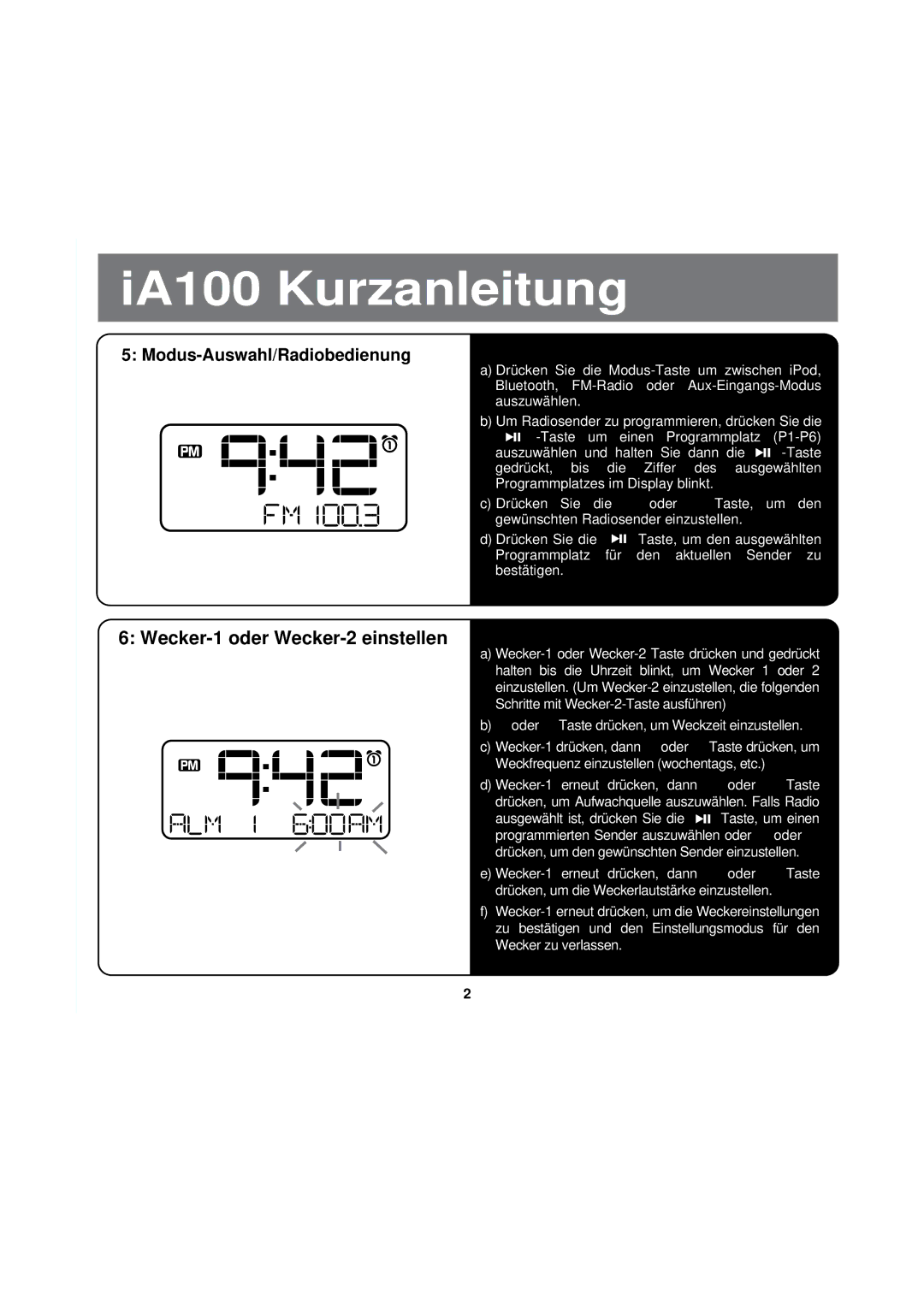 iHome iA100 manual Wecker-1 oder Wecker-2 einstellen, Modus-Auswahl/Radiobedienung 