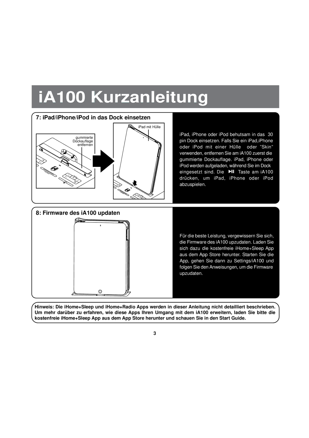 iHome manual IPad/iPhone/iPod in das Dock einsetzen, Firmware des iA100 updaten 