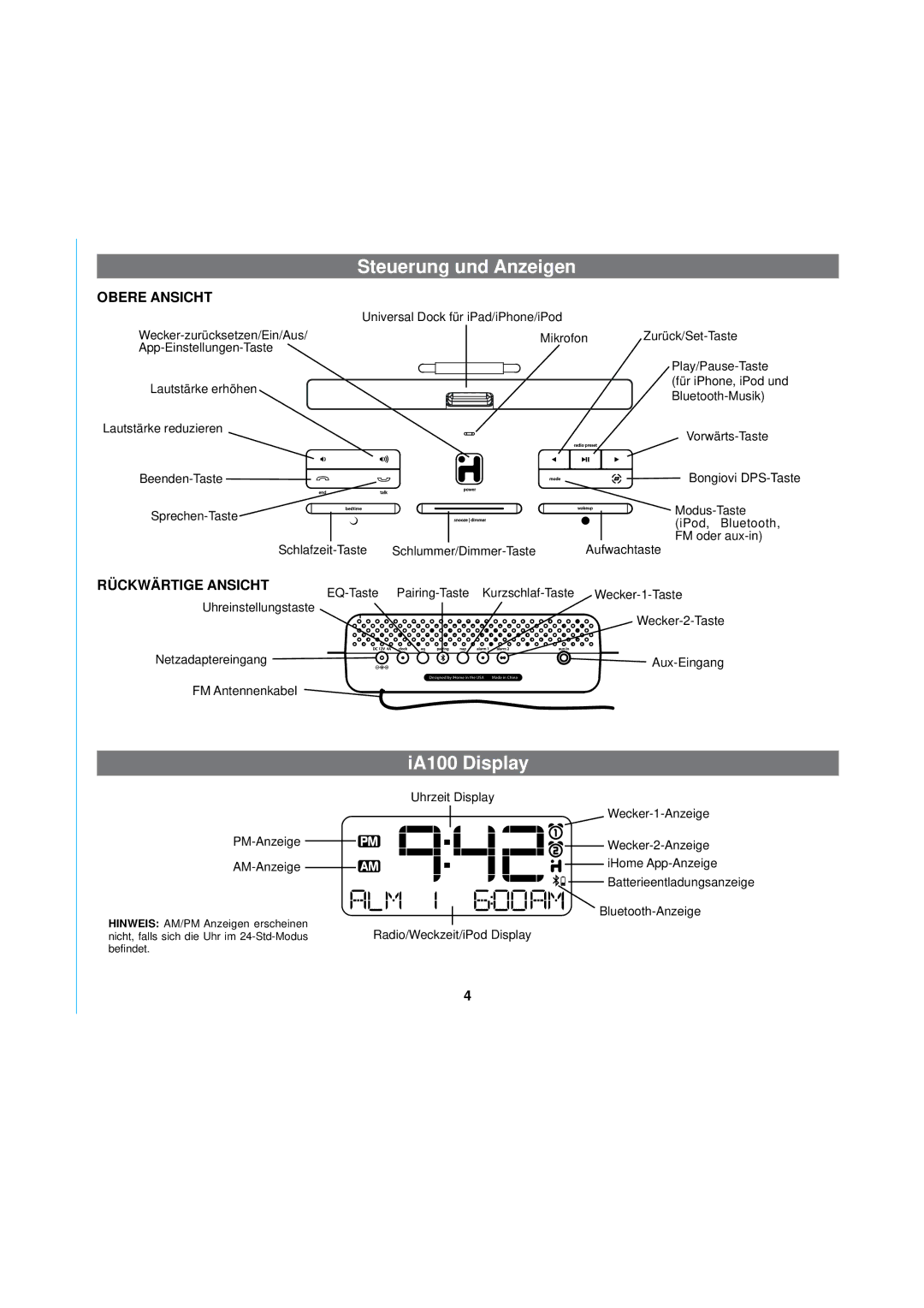 iHome iA100 manual Steuerung und Anzeigen, IA100 Display 