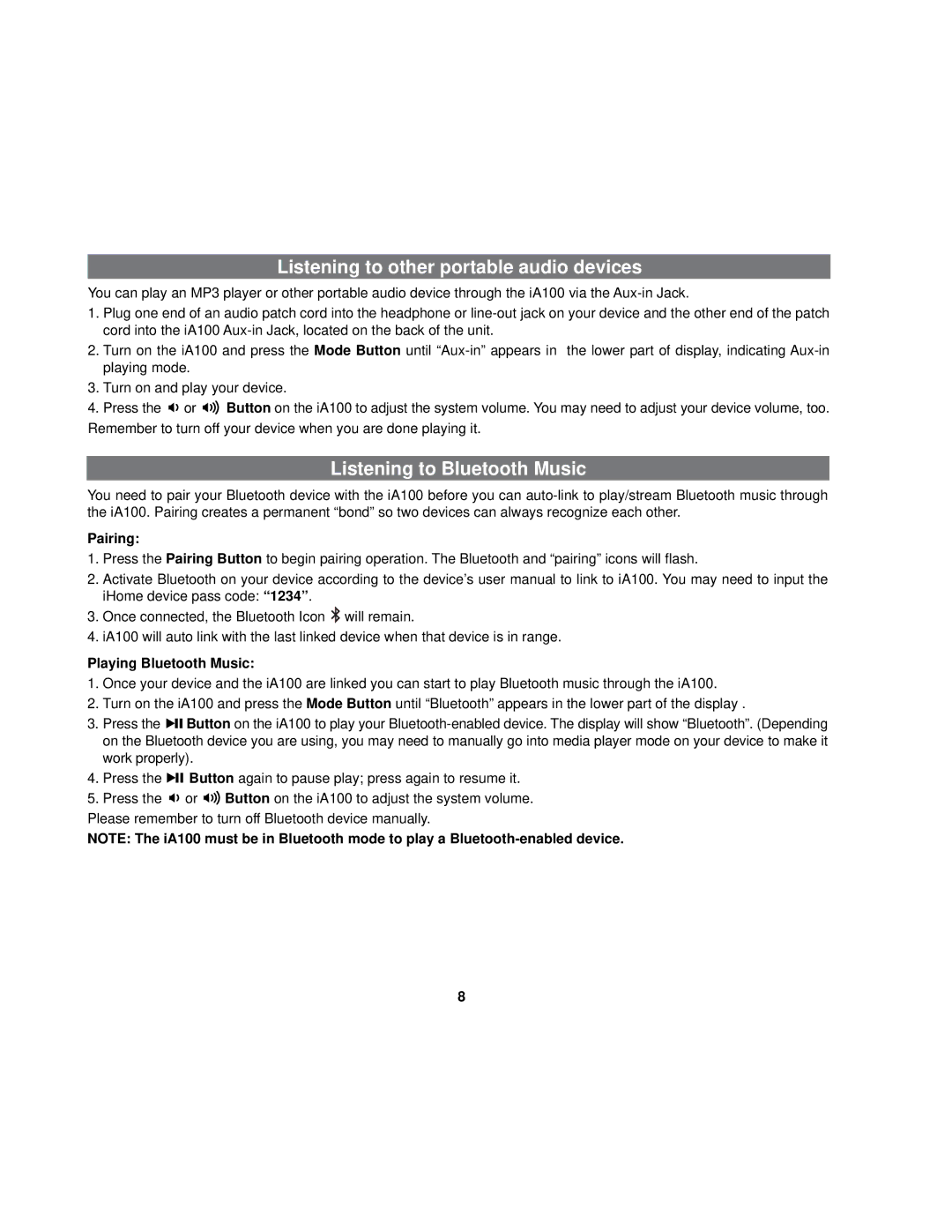 iHome iA100 Listening to other portable audio devices, Listening to Bluetooth Music, Pairing, Playing Bluetooth Music 