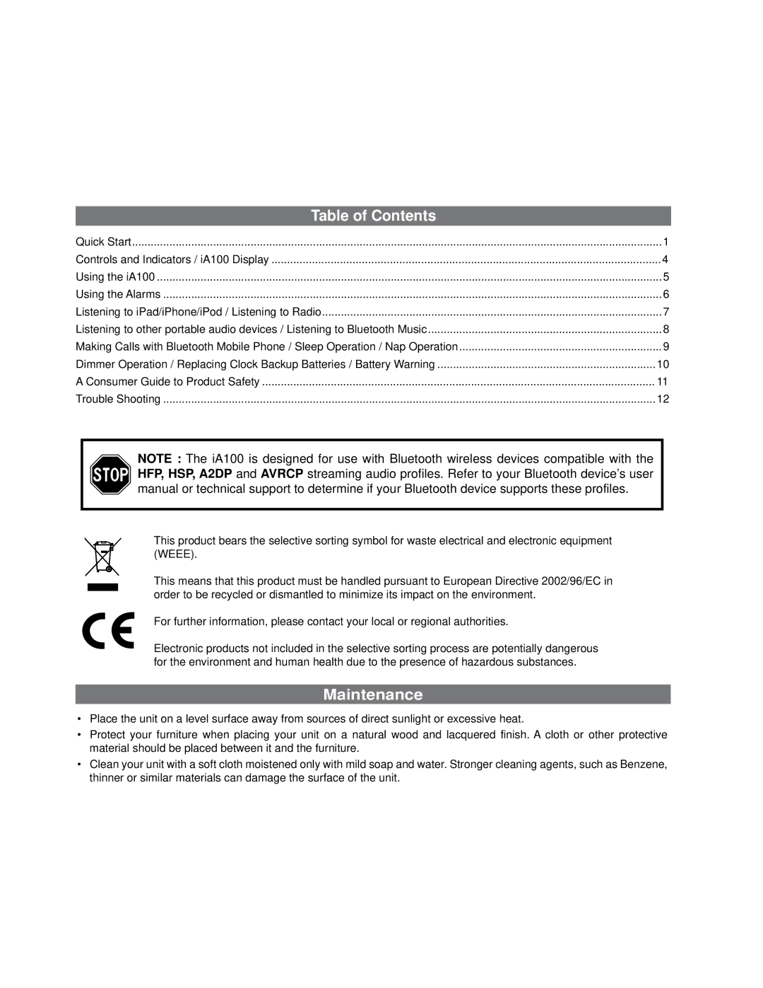 iHome iA100 manual Table of Contents, Maintenance 