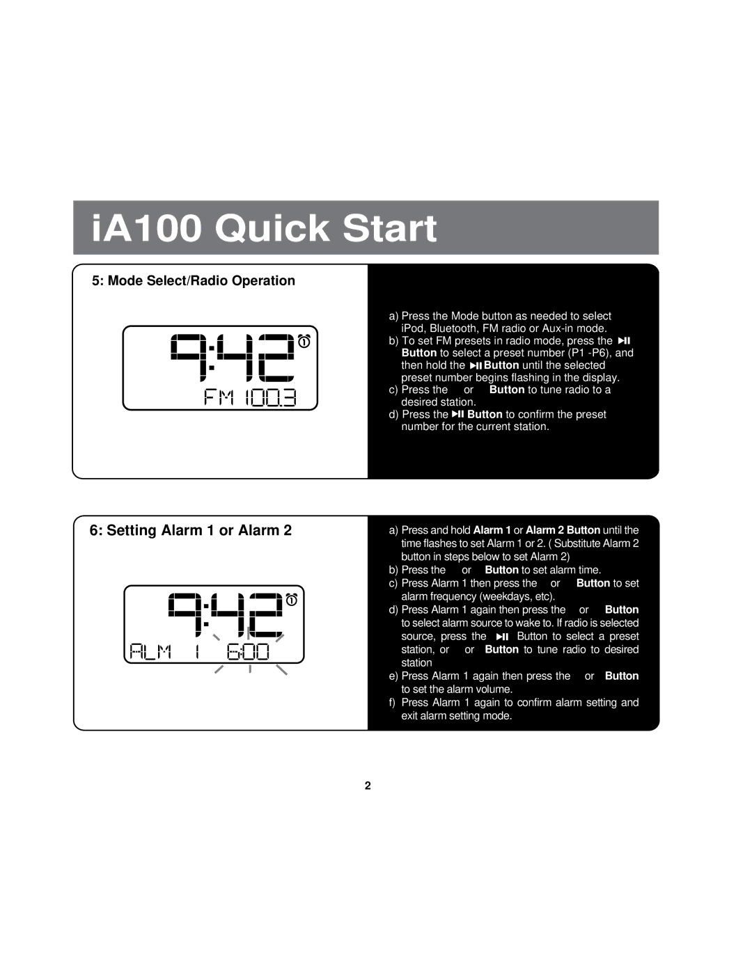 iHome iA100 manual Setting Alarm 1 or Alarm, Mode Select/Radio Operation 