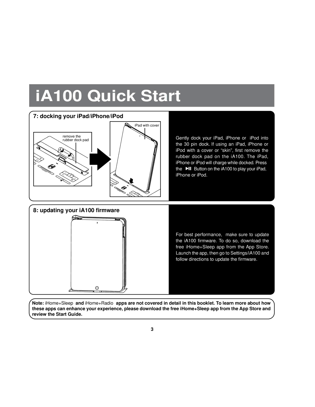 iHome manual Docking your iPad/iPhone/iPod, Updating your iA100 firmware 